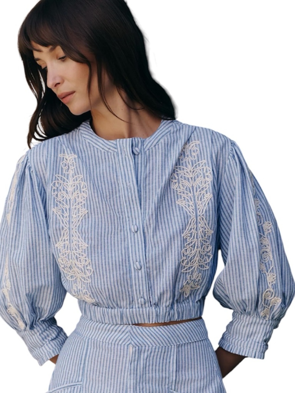 Anthropologie Agua Bendita Isolda Crop Embroidered Buttondown Top size M